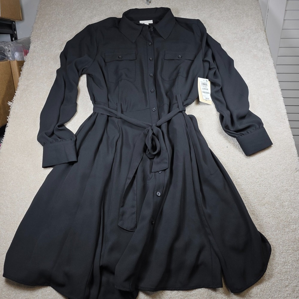 ON 34th Shirt Dress Womens L Deep Black Lined Button Front Waist Tie Classic NWT